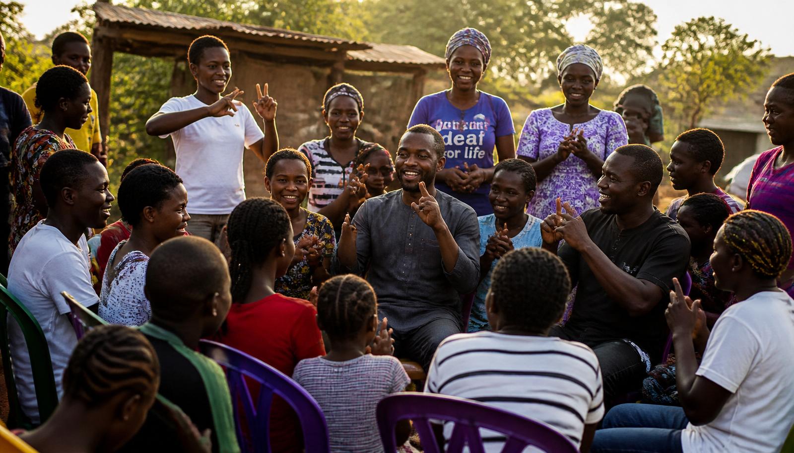 Nigerian Deaf community gathering, signing and celebrating together at golden hour