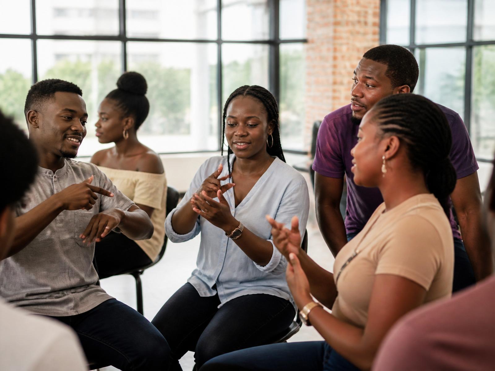 Nigerian Deaf community gathering, signing and celebrating together at golden hour