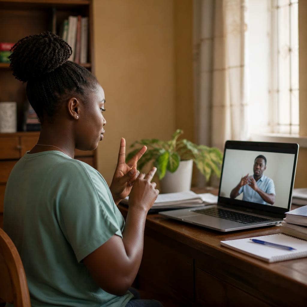 A young Nigerian Deaf woman signing to a facilitator during an online NIDA training session